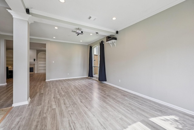4616 Heatherbrook Ln, Grand Prairie, TX 75052 - empty room featuring recessed lighting, light wood-type flooring, baseboards, a fireplace, and crown molding