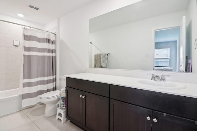 8329 Grand Oak Rd, Fort Worth, TX 76123 - bathroom with vanity, toilet, tile patterned floors, and shower / tub combo with curtain