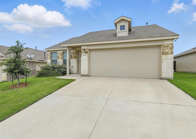 8329 Grand Oak Rd, Fort Worth, TX 76123 - view of front of house featuring a front lawn, driveway, an attached garage, brick siding, and stone siding