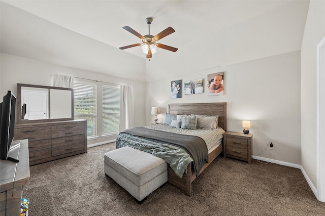 3009 Gilchrist Dr, Lorena, TX 76655 - bedroom featuring carpet floors, baseboards, vaulted ceiling, and a ceiling fan
