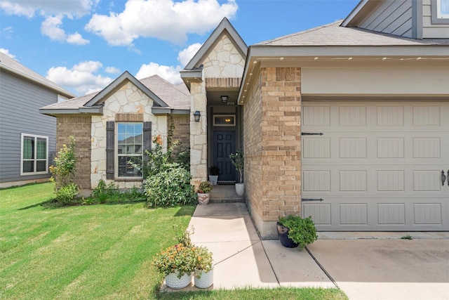 3009 Gilchrist Dr, Lorena, TX 76655 - view of front of home featuring stone siding, a front lawn, a garage, and a shingled roof