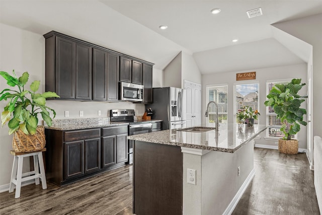 3009 Gilchrist Dr, Lorena, TX 76655 - kitchen featuring stainless steel appliances, a sink, dark wood finished floors, a center island with sink, and vaulted ceiling