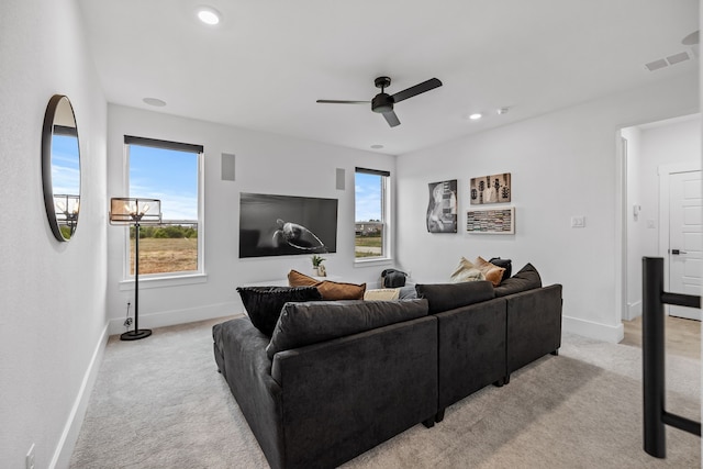 1733 Cousins Trl, Frisco, TX 75034 - living room with light carpet, baseboards, ceiling fan, and recessed lighting
