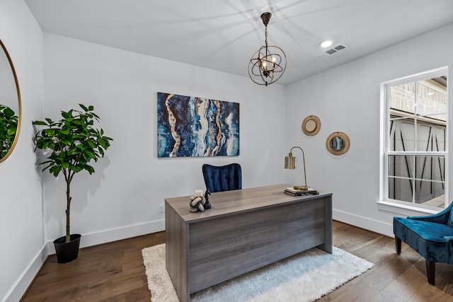 1733 Cousins Trl, Frisco, TX 75034 - office featuring baseboards, dark wood-style flooring, a chandelier, and recessed lighting
