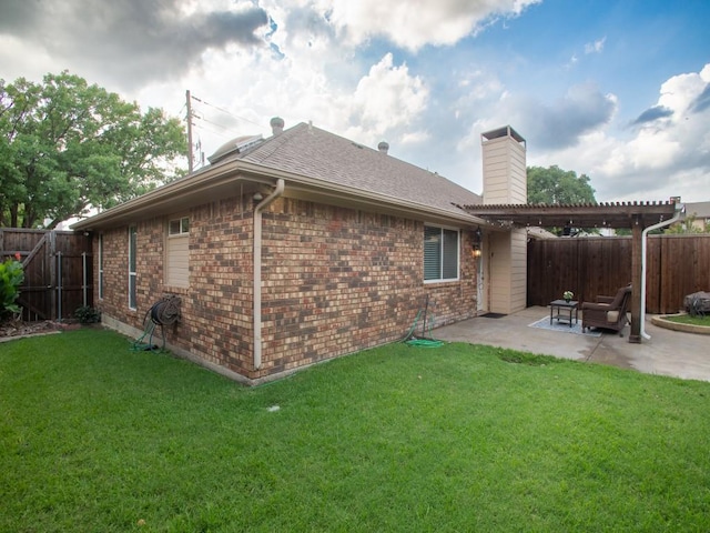 2800 Country Villa Cir, Carrollton, TX 75006 - back of house with a chimney, a pergola, a patio, brick siding, and roof with shingles