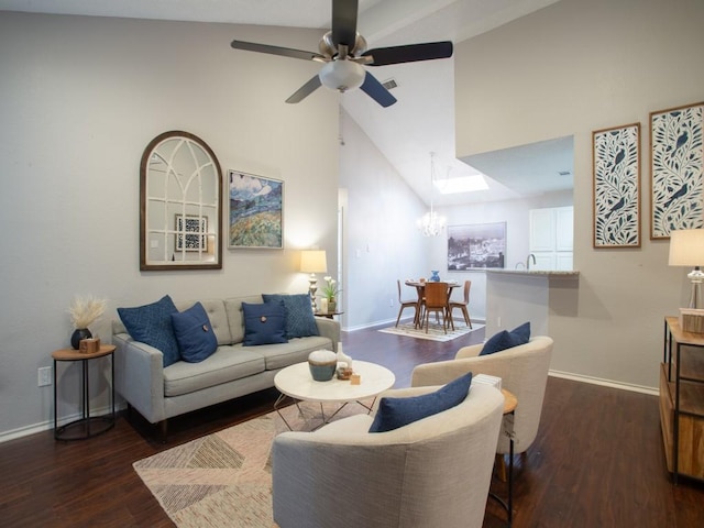 2800 Country Villa Cir, Carrollton, TX 75006 - living room featuring high vaulted ceiling, wood finished floors, baseboards, a ceiling fan, and a chandelier