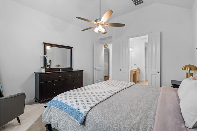 1431 Cypress Thorn Dr, Arlington, TX 76005 - bedroom featuring light carpet, vaulted ceiling, ceiling fan, ensuite bath, and baseboards