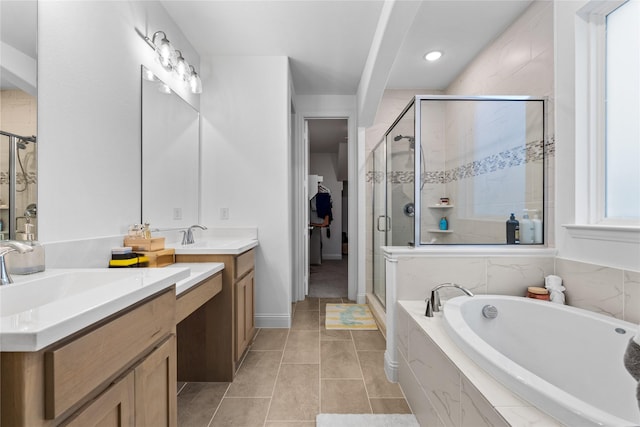 1431 Cypress Thorn Dr, Arlington, TX 76005 - full bath featuring a shower stall, vanity, a bath, tile patterned flooring, and recessed lighting