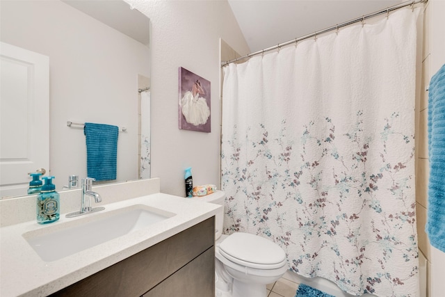 3615 Big Nemaha Dr, Crandall, TX 75114 - bathroom with toilet, vanity, curtained shower, and tile patterned flooring
