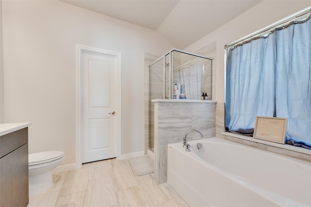 3615 Big Nemaha Dr, Crandall, TX 75114 - bathroom featuring a bath, a shower stall, vanity, toilet, and baseboards