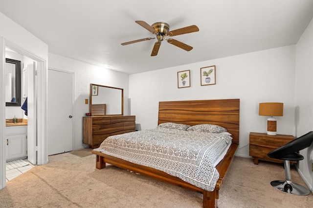 818 Placid Dr, Mesquite, TX 75150 - bedroom with light carpet, ceiling fan, and connected bathroom