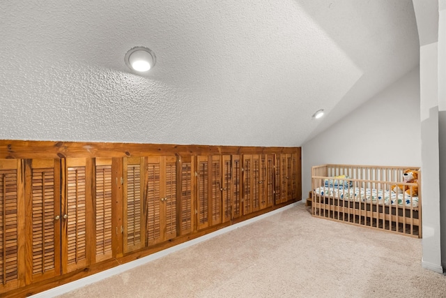 818 Placid Dr, Mesquite, TX 75150 - bedroom with lofted ceiling, carpet flooring, and a textured ceiling