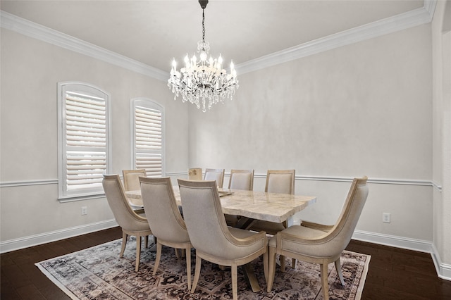 2504 Las Palmas Ln, Plano, TX 75075 - dining area featuring crown molding, a chandelier, baseboards, and dark wood-style flooring
