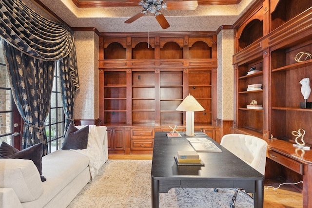 9922 Lakeway Ct, Dallas, TX 75230 - unfurnished office with ornamental molding, a ceiling fan, and light wood-style flooring