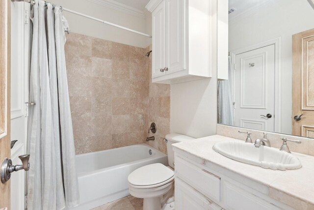 9922 Lakeway Ct, Dallas, TX 75230 - full bathroom with shower / bath combo with shower curtain, vanity, toilet, and crown molding