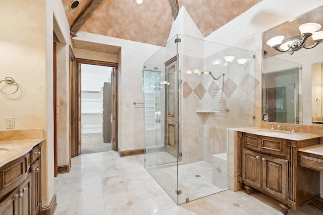 9922 Lakeway Ct, Dallas, TX 75230 - bathroom featuring a shower stall, vanity, and a chandelier