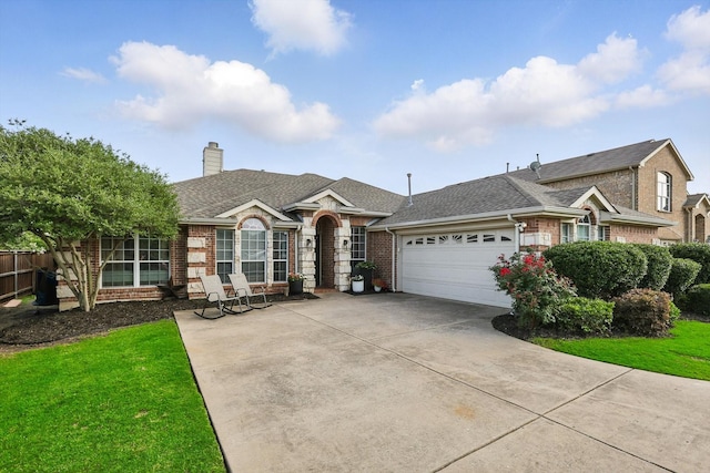 15429 Calico Ct, Frisco, TX 75035 - ranch-style house featuring brick siding, an attached garage, a chimney, concrete driveway, and roof with shingles