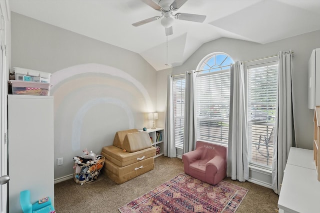 15429 Calico Ct, Frisco, TX 75035 - sitting room featuring carpet flooring, lofted ceiling, and ceiling fan
