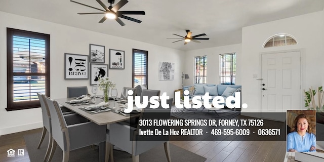 3013 Flowering Springs Dr, Forney, TX 75126 - dining room featuring a ceiling fan, wood finished floors, and baseboards