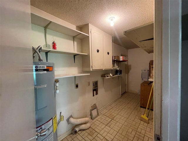 310 Lancashire Dr, Bossier City, LA 71111 - laundry area featuring water heater, electric dryer hookup, cabinet space, washer hookup, and a textured ceiling