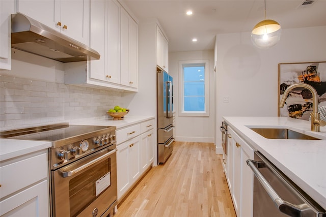 7207 Gaston Ave Unit 1006, Dallas, TX 75214 - kitchen featuring premium appliances, under cabinet range hood, a sink, decorative backsplash, and light wood finished floors