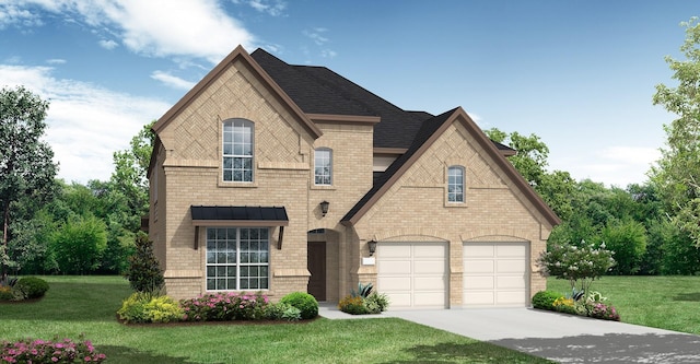 4140 Berylline Ln, Prosper, TX 75078 - french provincial home with brick siding, concrete driveway, a front lawn, an attached garage, and roof with shingles
