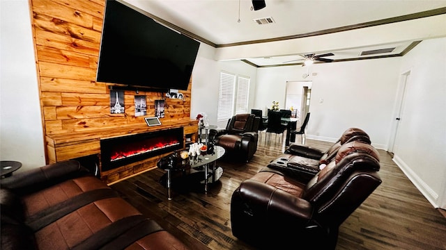 3030 Warren Ave, Dallas, TX 75215 - living room featuring ornamental molding, ceiling fan, wood finished floors, and baseboards