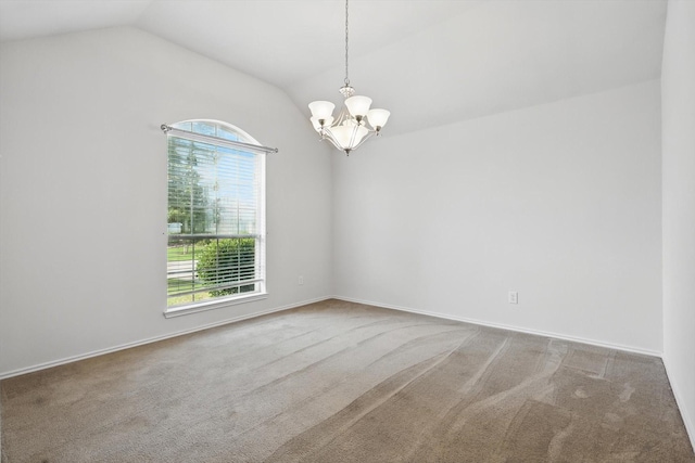 209 Lariat Dr, Fate, TX 75087 - unfurnished room with healthy amount of natural light, vaulted ceiling, a chandelier, carpet flooring, and baseboards
