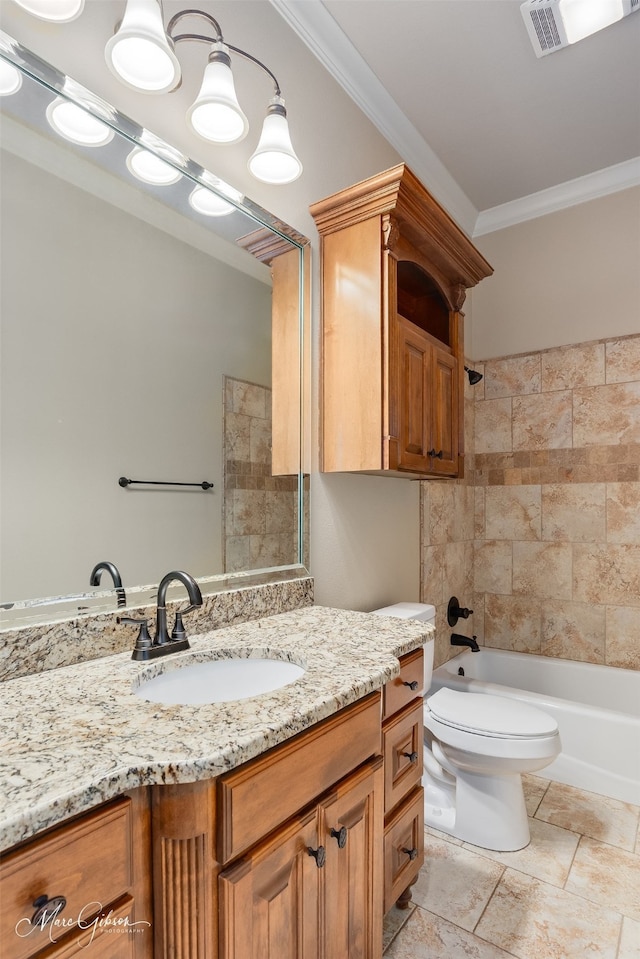 302 Cranbrook Ct, Bossier City, LA 71111 - full bathroom featuring crown molding, vanity, toilet, stone finish floors, and shower / bath combination
