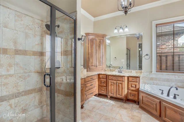 302 Cranbrook Ct, Bossier City, LA 71111 - bathroom featuring ornamental molding, a shower stall, vanity, and a bath