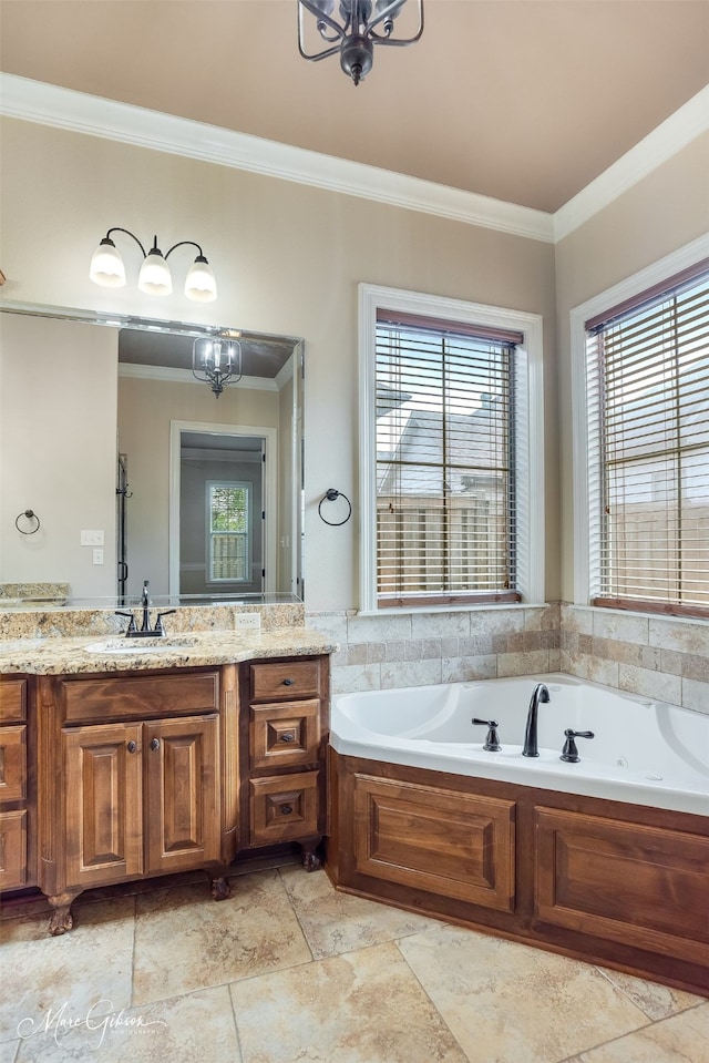 302 Cranbrook Ct, Bossier City, LA 71111 - bathroom with ornamental molding, a garden tub, plenty of natural light, and vanity