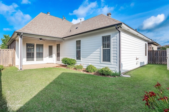 302 Cranbrook Ct, Bossier City, LA 71111 - rear view of property with a ceiling fan, a shingled roof, and a patio