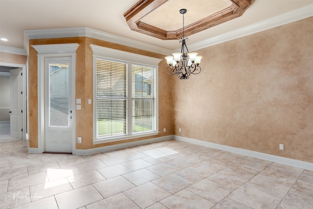 302 Cranbrook Ct, Bossier City, LA 71111 - unfurnished dining area featuring ornamental molding, a chandelier, baseboards, and a raised ceiling