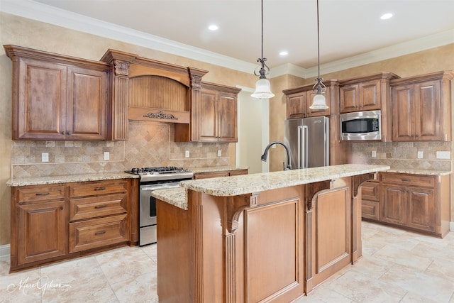 302 Cranbrook Ct, Bossier City, LA 71111 - kitchen with stainless steel appliances, tasteful backsplash, a kitchen breakfast bar, light stone countertops, and an island with sink