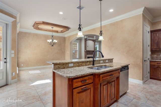 302 Cranbrook Ct, Bossier City, LA 71111 - kitchen with a sink, stainless steel dishwasher, arched walkways, ornamental molding, and light stone counters