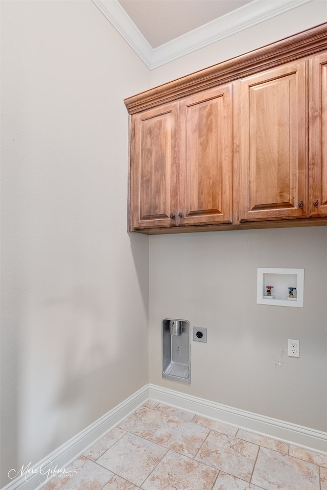 302 Cranbrook Ct, Bossier City, LA 71111 - laundry room featuring cabinet space, hookup for a washing machine, baseboards, ornamental molding, and hookup for an electric dryer