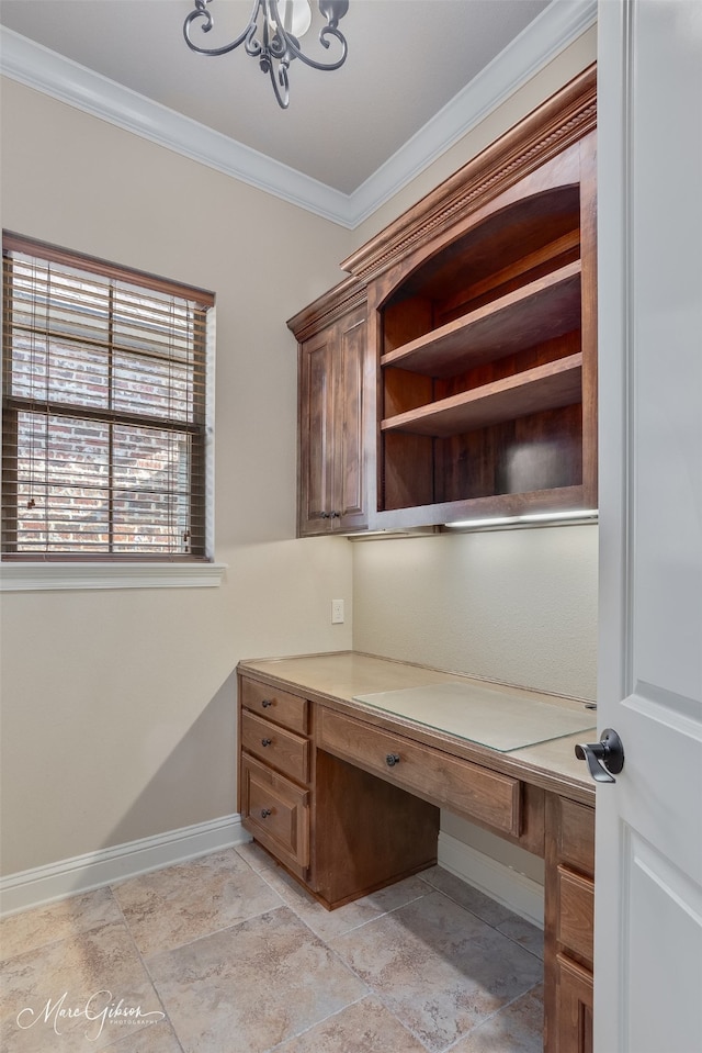 302 Cranbrook Ct, Bossier City, LA 71111 - unfurnished office featuring ornamental molding, a chandelier, built in study area, and baseboards