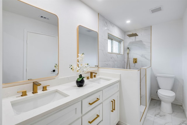 1112 Seabrook Dr, Plano, TX 75023 - full bathroom featuring marble finish flooring, double vanity, toilet, a walk in shower, and recessed lighting
