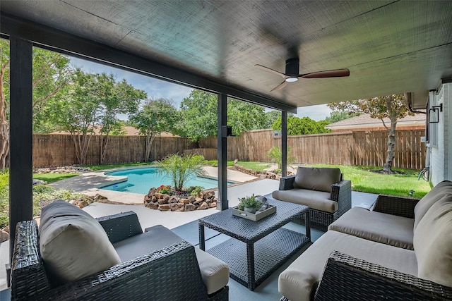 1112 Seabrook Dr, Plano, TX 75023 - fenced backyard featuring an outdoor living space, ceiling fan, and a patio