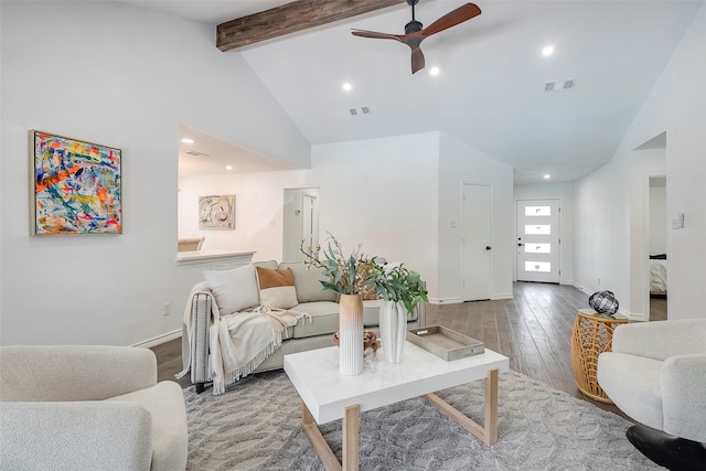 1112 Seabrook Dr, Plano, TX 75023 - living area featuring high vaulted ceiling, beam ceiling, baseboards, ceiling fan, and recessed lighting
