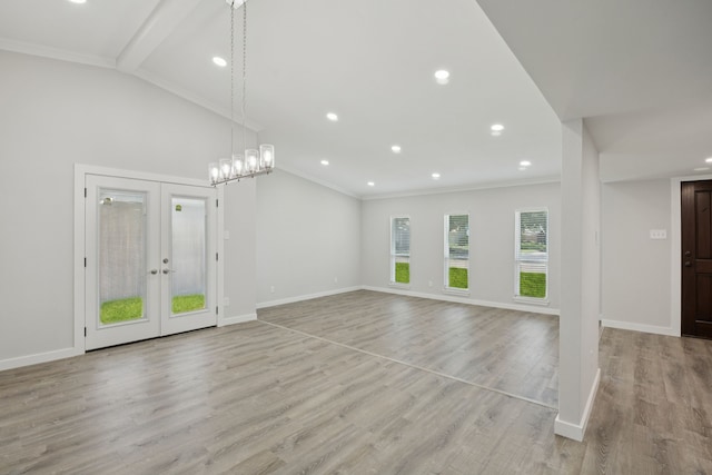 1629 Mesquite Trl, Plano, TX 75023 - unfurnished living room with ornamental molding, baseboards, french doors, light wood finished floors, and recessed lighting
