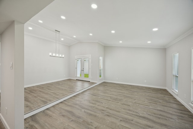 1629 Mesquite Trl, Plano, TX 75023 - unfurnished living room with ornamental molding, recessed lighting, baseboards, a chandelier, and wood finished floors