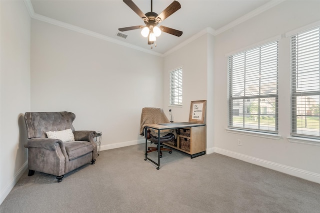 1302 Middleton Dr, Rockwall, TX 75087 - office with carpet flooring, crown molding, baseboards, and ceiling fan