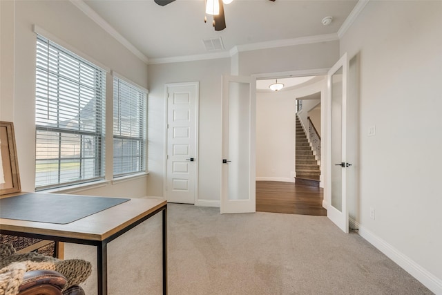1302 Middleton Dr, Rockwall, TX 75087 - office space featuring crown molding, a ceiling fan, carpet floors, french doors, and baseboards