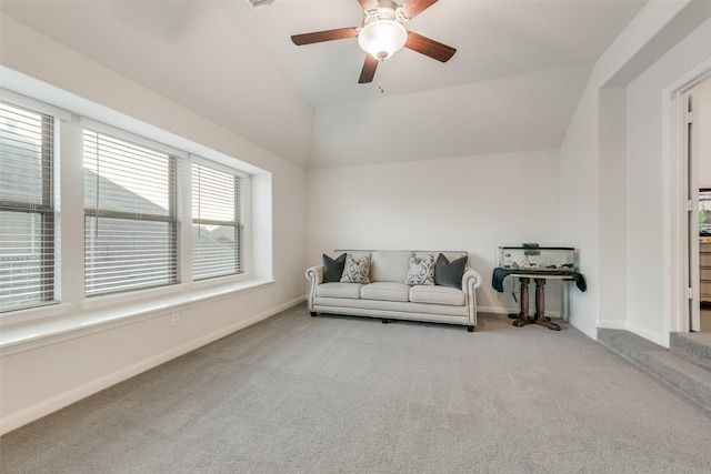 1302 Middleton Dr, Rockwall, TX 75087 - living area featuring carpet flooring, ceiling fan, vaulted ceiling, and baseboards