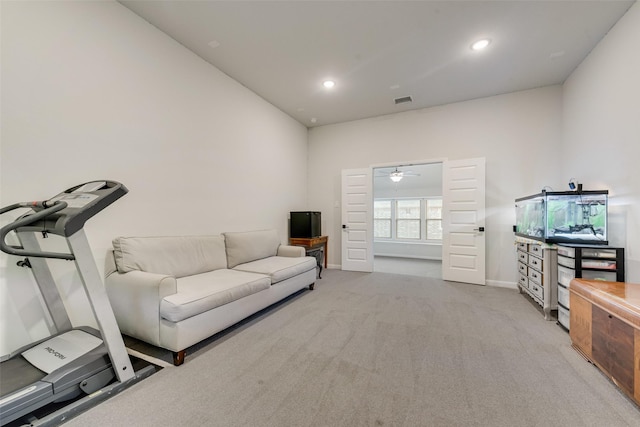 1302 Middleton Dr, Rockwall, TX 75087 - exercise room featuring carpet floors, baseboards, recessed lighting, and a ceiling fan