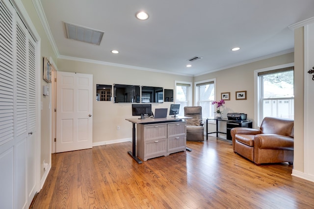 3817 Hilltop Rd, Fort Worth, TX 76109 - office with light wood-style flooring, recessed lighting, crown molding, and baseboards