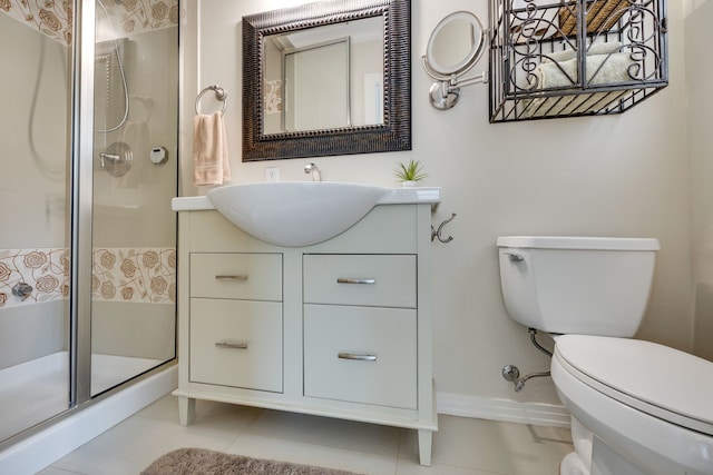 3817 Hilltop Rd, Fort Worth, TX 76109 - full bath featuring a shower stall, toilet, vanity, tile patterned floors, and baseboards