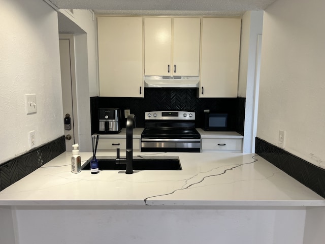 5502 Boca Raton Blvd Unit 329, Fort Worth, TX 76112 - kitchen with stainless steel electric stove, under cabinet range hood, a sink, tasteful backsplash, and cream cabinetry