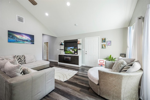 1004 San Jacinto St, Terrell, TX 75160 - living room featuring dark wood-type flooring, recessed lighting, high vaulted ceiling, baseboards, and a ceiling fan